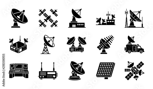 Foto Satellite communication icons set, 15 black vector silhouettes of radar dishes a