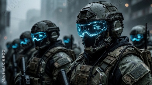 Plakat w ramie Future soldiers in advanced combat gear stand in misty city street. Their helmets show glowing blue displays, projecting tech and military power. Rain wets their equipment.