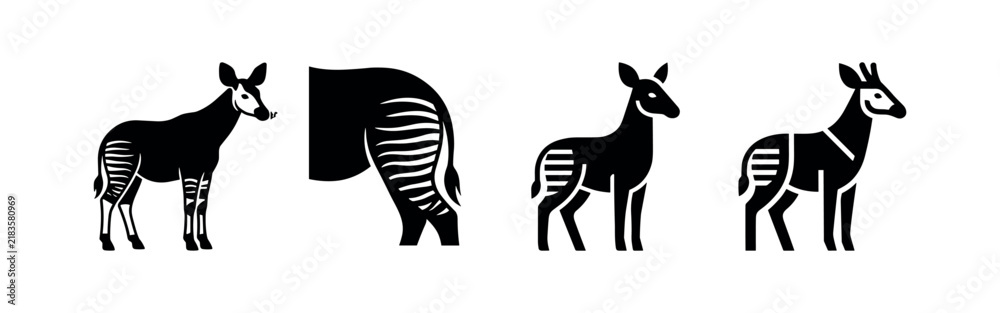 Fototapeta premium Okapi silhouette icons set, showcasing the unique striped patterns of this elusive African forest giraffe.