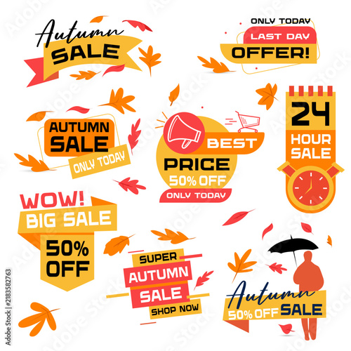 Vector illustration of orange autumn sale badges. Discount promotion design combines bold marketing style with seasonal autumn theme for business and commerce use.
