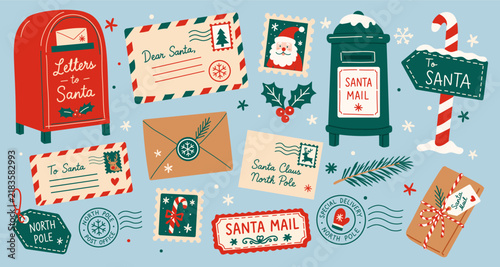 Quadro su tela Christmas Santa mail collection with letters, envelopes, postboxes, stamps and North Pole postal elements