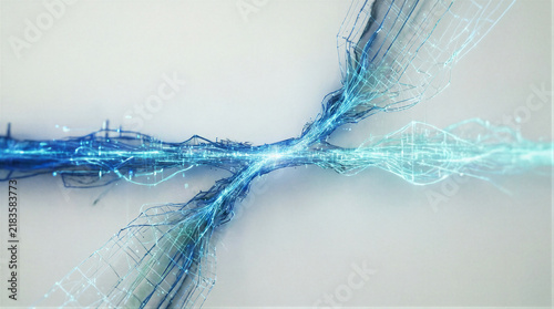 Light streak abstraction glowing energy paths diverging across a clean background representing connectivity and digital flow for modern technology