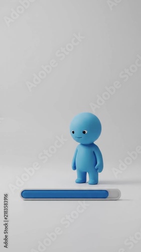 3D Blue Mascot Pointing at Loading Progress Bar Floor Indicator Concept