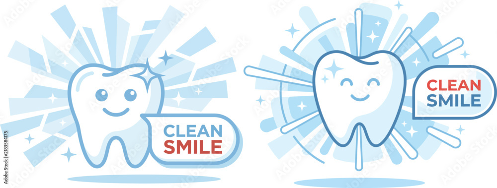 Fototapeta premium Cartoon tooth characters with sparkling clean smiles and speech bubbles