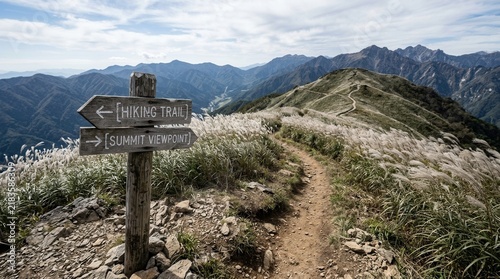 Mountain Trail Signpost Directing Hikers Towards Summit Viewpoint And Scenic Path