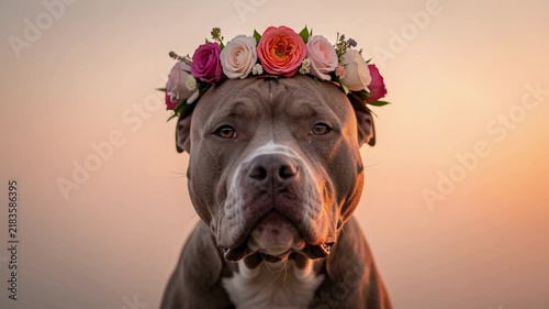 Flower Crown Dog Portrait at Sunset.