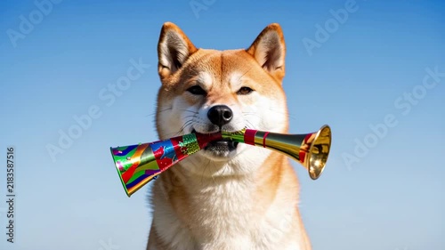 Shiba Inu Dog With Party Horn.