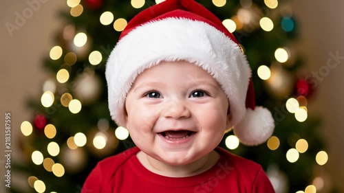 Smiling Baby in Santa Hat Portrait.