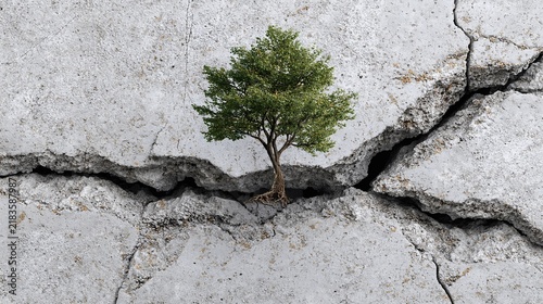 Small tree growing in a crack of concrete wall symbolizing resilience and the power of nature