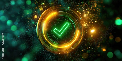 A neon green checkmark glows within an energy portal, surrounded by bokeh lights