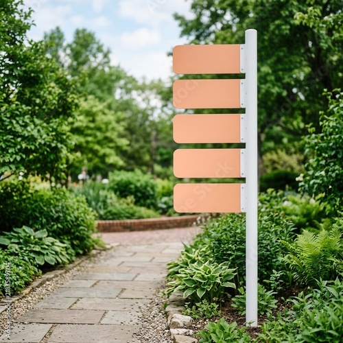 Outdoor Directional Signage In Lush Green Garden Setting With Stone Pathway