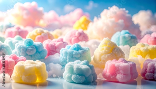 Sugar-coated gummy candies floating on pastel clouds