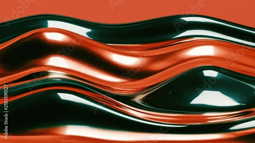 Rippling metallic waves in copper and teal flow across a red background