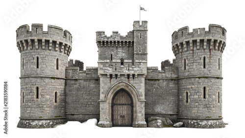 Medieval stone castle gatehouse with two large round towers and a central wooden entrance doorway isolated on a transparent background