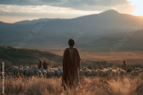 A shepherd in robes standing with a flock of sheep in a mountain valley at sunset