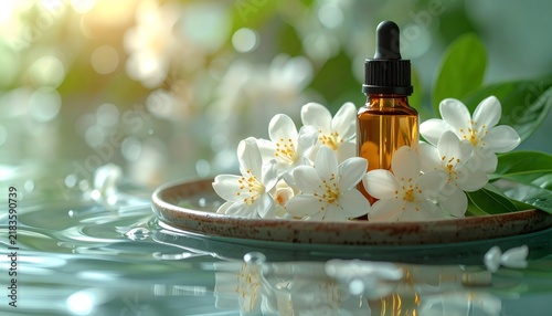 Essential oil dropper bottle with jasmine flowers floating on water