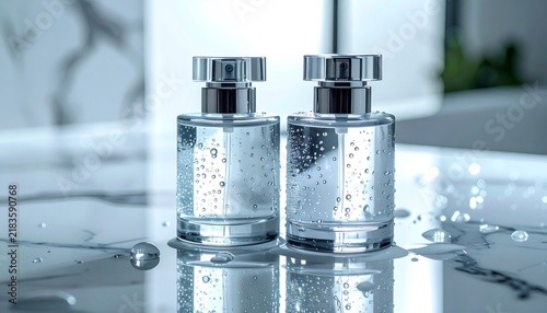 Scent stacking layering concept with fragrance bottles