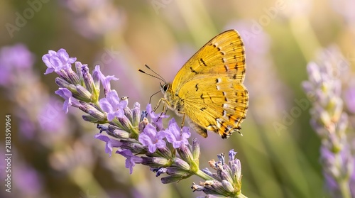Yellow butterfly resting on lavender flower in a sunlit meadow nature photography