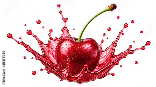 Flying ripe cherry with cherry juice splash isolated on transparent background