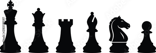 Black chess pieces silhouette set, classic chess icons collection, strategic game elements vector, king queen rook bishop knight pawn isolated on White Background editable eps