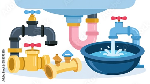 Plumbing system components are depicted with faucets, pipes, and a bowl catching flowing water.