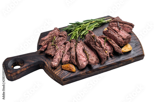 Foto Roast Skirt Machete Steak, grilled beef meat on cutting board isolated  on white background