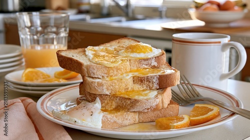 Toasted bread topped with fried eggs and orange slices is served with juice and coffee.