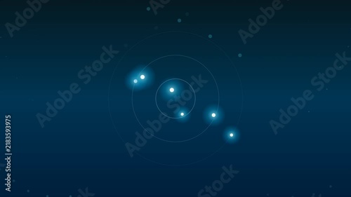 Abstract Digital Illustration Featuring Glowing Orbs Arranged in a Circular Orbital Pattern with Radiant Light Effects on a Dark Blue Background