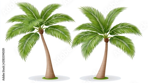Two verdant palm trees stand tall against a clean white backdrop.