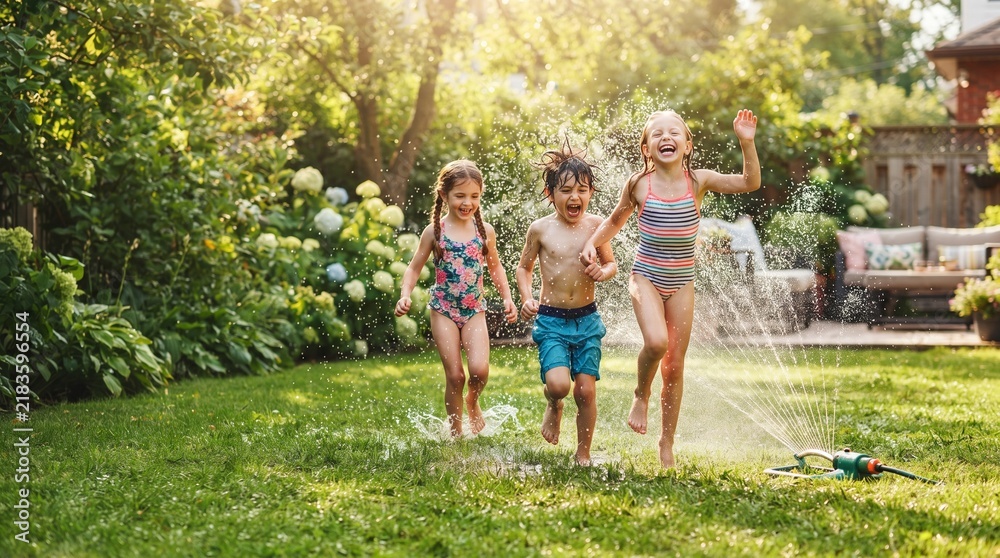 Fototapeta premium Three happy children running through a sprinkler in a sunny backyard, splashing and laughing. The scene is filled with summer joy and carefree fun.