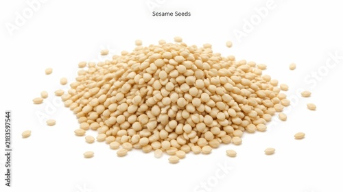 Close Up Pile of White Sesame Seeds on White Background