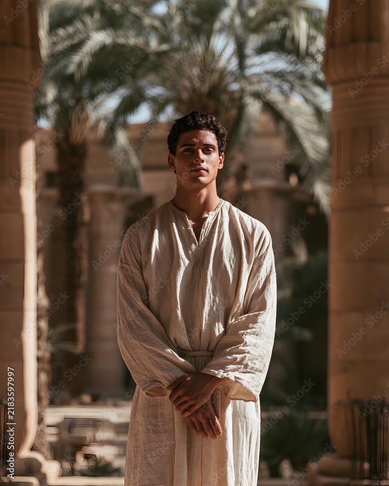 © Trendy Graphics - A young man in ancient egyptian tunic looking forward in temple with pillars