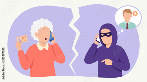 Elderly woman on phone being scammed by a masked fraudster, identity theft