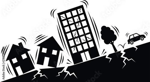 Black and white illustration of a powerful earthquake causing destruction to buildings and landscape.