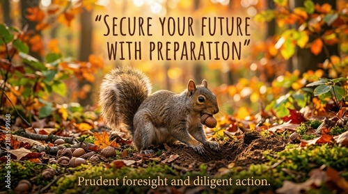 Squirrel burying acorn in autumn forest with motivational quote about future preparation