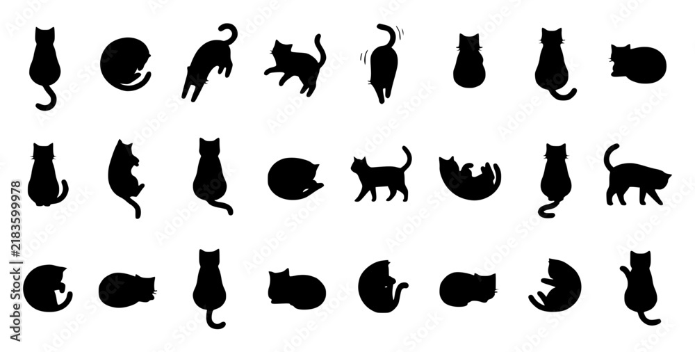Fototapeta premium Minimalist vector illustration of a grid of 24 black cats set with simple line art design featuring sketches, drawings, vector graphics with minimalist and simple illustrations