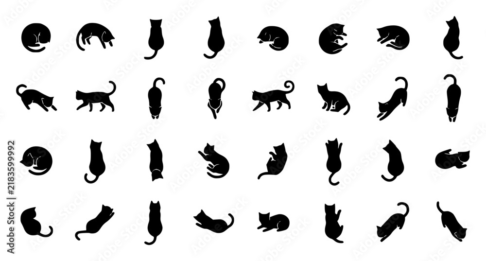 Fototapeta premium Minimalist vector illustration of a grid of 24 black cats set with simple line art design featuring simple design, minimalist, black and white with illustrations and graphics