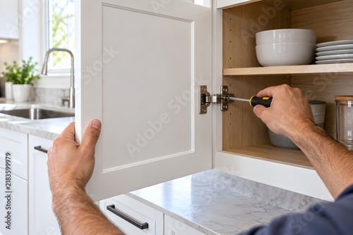 Handyman Repairing Kitchen Cabinet Hinge with Screwdriver, Cabinet Door Repair, Hinge Replacement, Cabinet Hardware Repair, Kitchen Repair, Home Improvement, Maintenance Service
