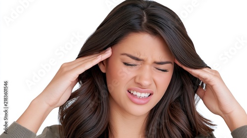 Young woman experiencing discomfort with her head held in her hands.