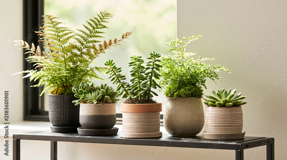 Fototapeta premium Assorted potted houseplants sit in a row on a metal shelf positioned near a bright window.