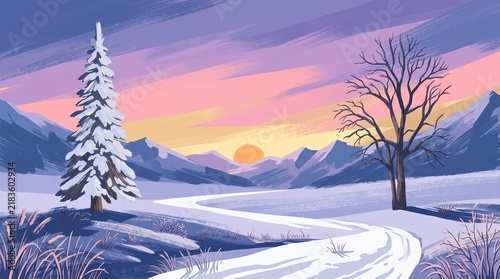 Digital illustration of a serene winter landscape featuring a snow-covered pine tree, a bare tree, mountains, and a winding road under a colorful sunset sky.