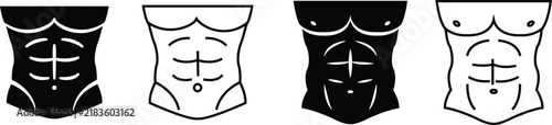 Abdominal Muscles Icons Set Collection Group, Six Pack Abs, Male Torso, Core Strength, Fitness, Bodybuilding and Anatomy Symbols in Black Flat Line Vector Isolated on Transparent Background