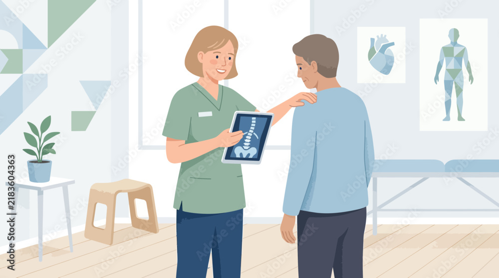 Fototapeta premium Doctor showing x-ray to patient in clinic, medical consultation, healthcare concept