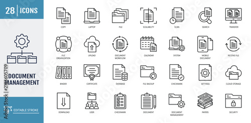 Document Management icons set. including organization, folder, archive, storage. outline icon set. vector illustration with editable stroke
