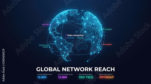 Global network reach data analytics visualization, digital earth globe with connection points, futuristic blue technology interface