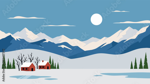 Flat design winter landscape with snowy mountains, red cabins, and trees