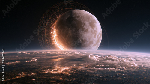 Mid-Autumn cognition enlightenment concept, ancient moon crack revealing rational scientific light, constellation counting rod halo rising, divinity to human knowledge, cultural evolution education po