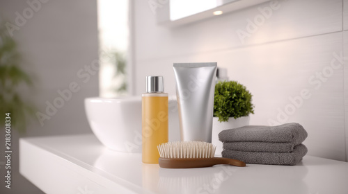 Clinical skincare beauty science bathroom bottle brush towel plant hygiene health care cosmetic product spa