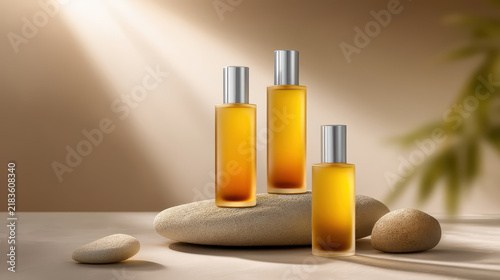 Clinical skincare beauty science concept with amber glass bottles on natural stone for organic cosmetic product display