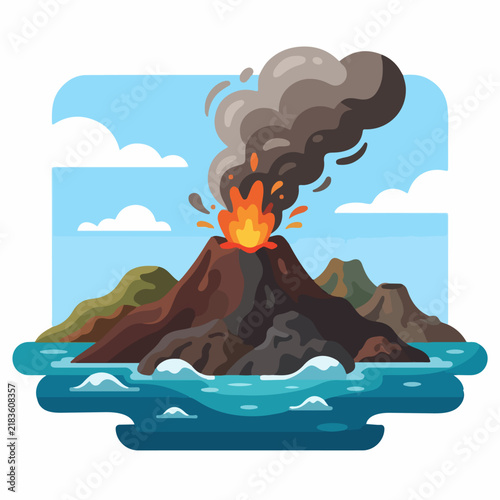 Erupting Volcano in Ocean Cartoon Illustration